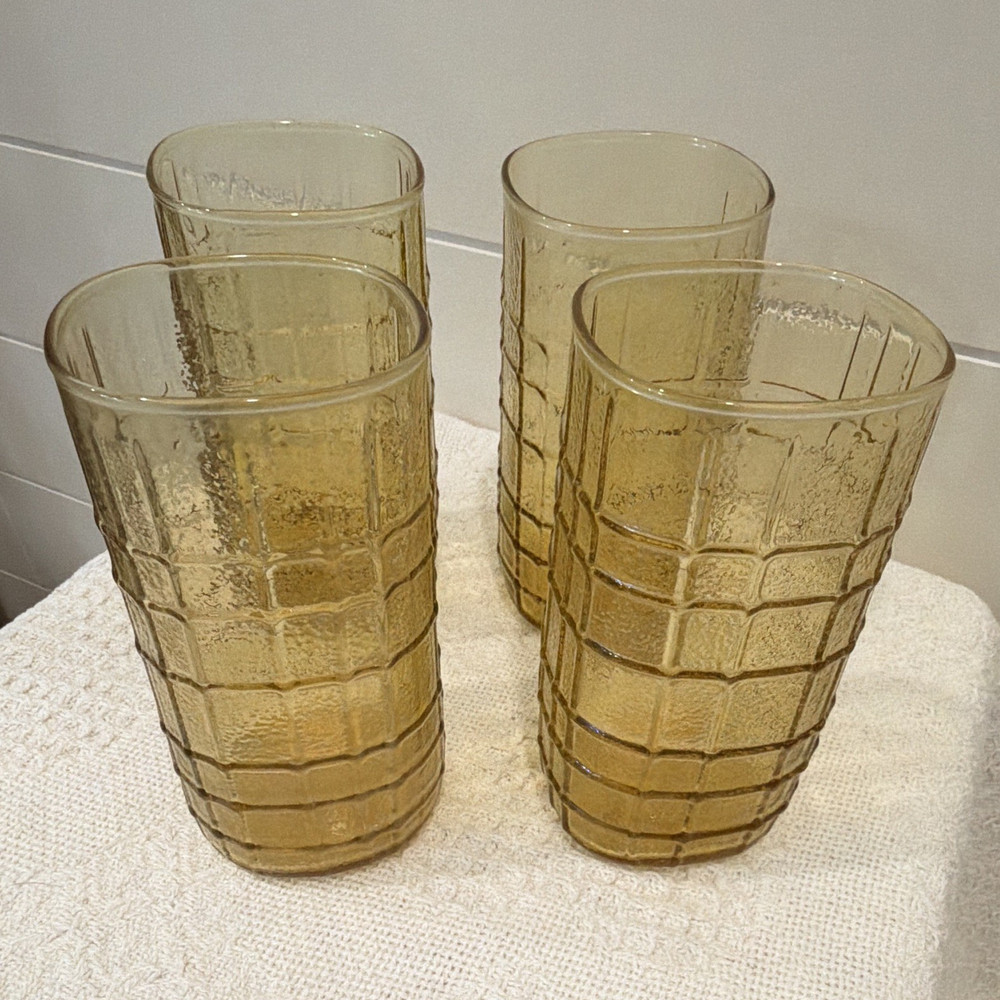 Anchor Hocking Amber Waffle/Grid Pattern Square Tumbler Glasses Set of 4
