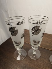 8pc VTG Libbey Glass Co. Silver Leaf Frosted Band Ribbed Stems Pilsner Glasses