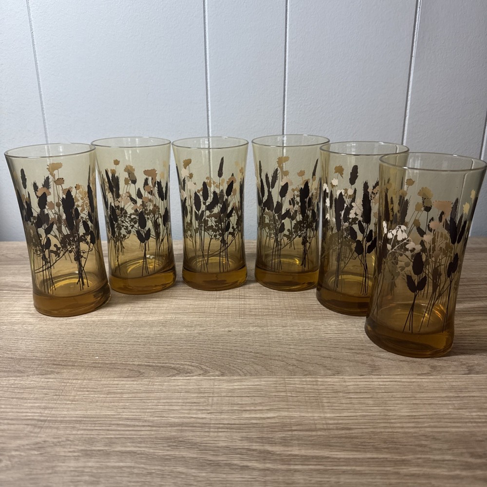 Vintage Retro tumbler lot of 6 super design slight taper Cattails and flowers Z2