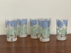 Set Of 6 Juice Glasses Blue Green Butterfly And Clover Flower Vintage 4 3/4” EUC