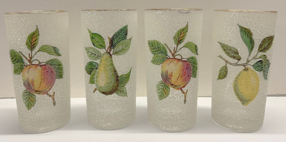 Vintage Frosted Fruit Motif Glasses – 4 Glasses – 5 3/4″ tall