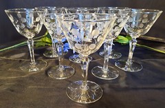 Set of 8 Cool 1955 MCM Cut Glass «Carlton Dots» 6 Wine, 2 Aperitif Glasses