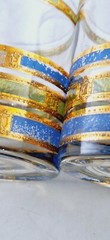 Vintage MCM Modern Culver Empress Blue Green Gold Old Fashioned Glasses Pair