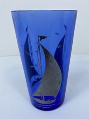Vintage Hazel Atlas Tumbler Cobalt Blue Sailboat Seagulls Glasses 4 7/8″