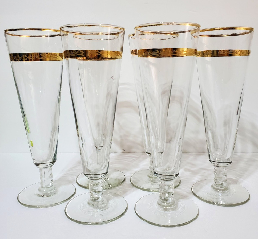 Vintage MCM Libbey Gold Laurel Leaf Border and Rim, Twisted Stem, Pilsner, (6)