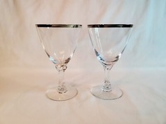 2 Fostoria Wedding Ring Crystal Water Goblet Silver Platinum Rim Vintage