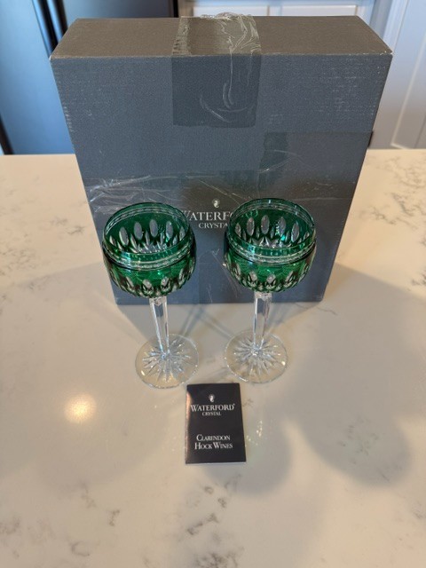 Pair of Waterford Crystal Clarendon Emerald Green Cut-to-Clear Hock Wine Glasses