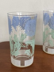 Set Of 6 Juice Glasses Blue Green Butterfly And Clover Flower Vintage 4 3/4” EUC