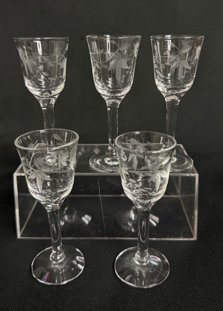 Vintage Set Of 5 Vintage 3.75″ Tall Needle Etched Crystal Shot Glasses