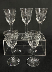 Vintage Set Of 5 Vintage 3.75″ Tall Needle Etched Crystal Shot Glasses