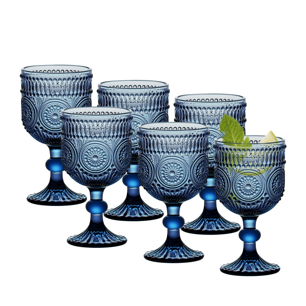 Sunflower Embossed Set of 6 Glass Goblets Vintage Wine Glasses for Wedding Party