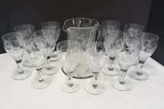 Vintage Glass Cornflower 12 Wine Goblets and Pitcher Smooth Stem Flower Leaves