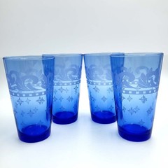 Vtg Libbey Drinking Glasses Cobalt Blue Etched Starburst Scrolls 15 oz Set Of 4