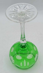 Vtg Bohemian Green Cut-to-Clear Hand-Blown Crystal Wine Glass Floral Design, ~8″