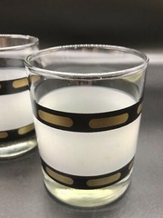Vtg Pair of MCM Culver Bar Glasses Clear Satin Black Gold Banding 8 oz