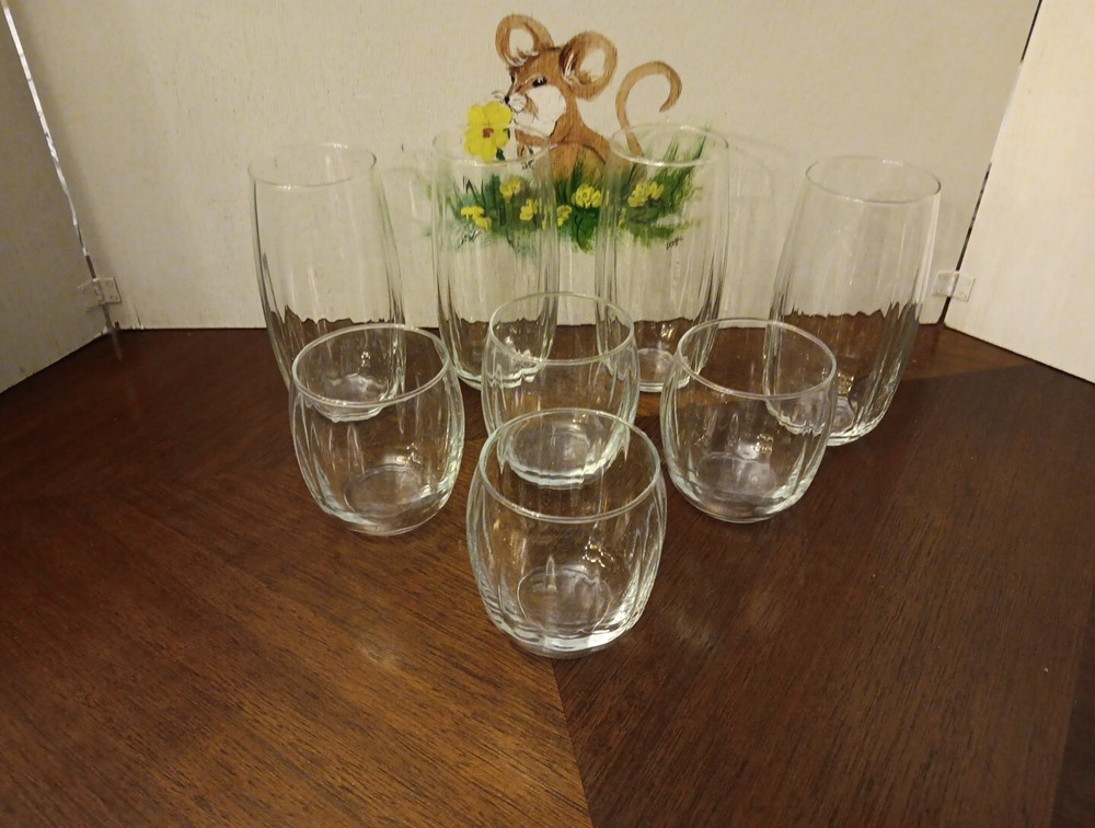 VINTAGE LIBBEY CRISA RIBBED Vertical Optic Clear Glass Set Of 8 Tumblers & Rock