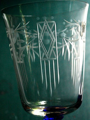 Antique Set 2 WATER GOBLET GLASSES Hand Blown ETCHED BOWL w/ COBALT BLUE STEMS