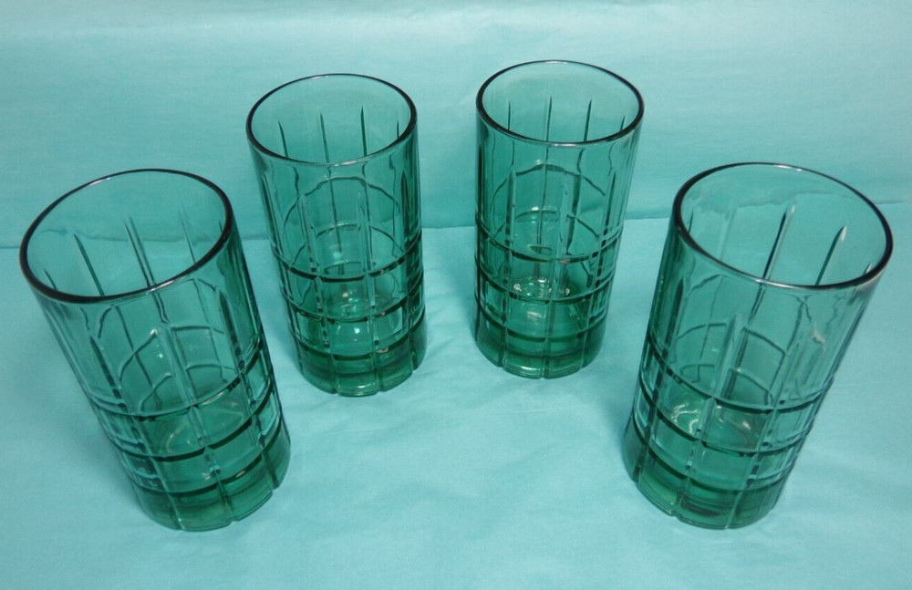 (4) Anchor Hocking Manchester Tartan Green Iced Tea Glasses 16oz Heavy Tumblers