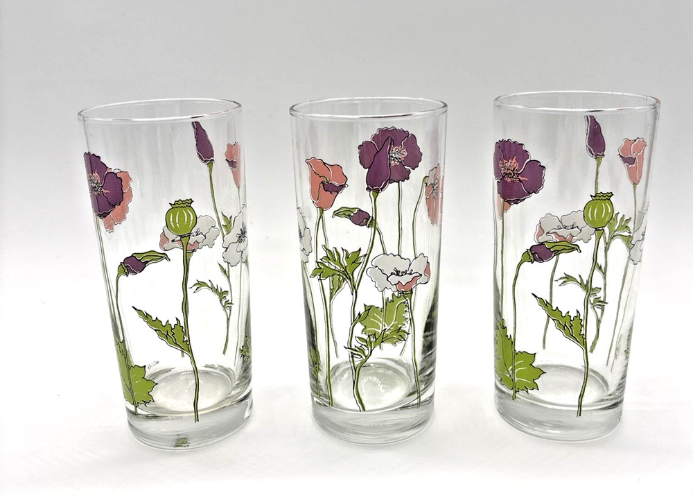 3 Signed CULVER Glassware 1960/1970’s Poppies Purple Pink White 14 Oz MCM