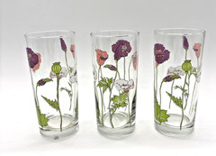 3 Signed CULVER Glassware 1960/1970’s Poppies Purple Pink White 14 Oz MCM
