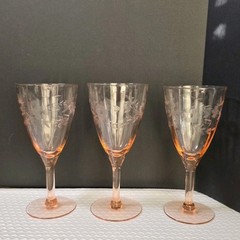 VTG Depression Glass Wine Goblets Set of 3 Etched Ribbed Rambler Rose Pink 7in