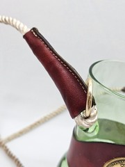 Vntg Blown Green Glass Leather Hands Free Cocktail Beer Tumbler Lanyard w/Image
