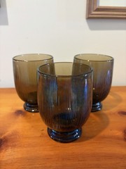 3 HTF PFALTZGRAFF BROWN RIBBED TUMBLERS CASTLE MARK WATER ICE TEA FOOTED GLASS