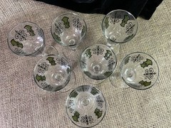 Lot of 7,Mid-Century Black/Green Espana Swirl Star Glass Liquor 5 1/4″- Vintage