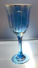 3 Vintage 7.75″ Gold Rim Iridescent Luster Blue Wine Crystal Goblets 10oz