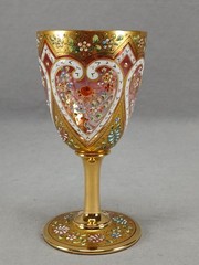 Antique Harrach Bohemian Enamel Floral Hearts Gold Cranberry Clear Wine Glass A