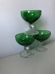 3 Anchor Hocking Green Champagne Sherbet Glasses with clear bubble foot base