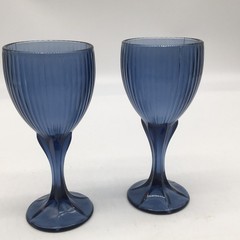 Fostoria Monet Dark Blue Wine Glasses 6 5/8”H Vintage Stemware Retro Set Of 2