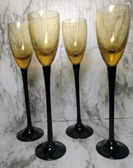 Mid Century Modern Amber Black Stem Coupe 4 Cordial Glasses 7″ MCM Vintage