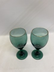 2 Libbey Glass Teardrop Goblets Green Gold Rim 12oz Juniper Water Wine Vintage