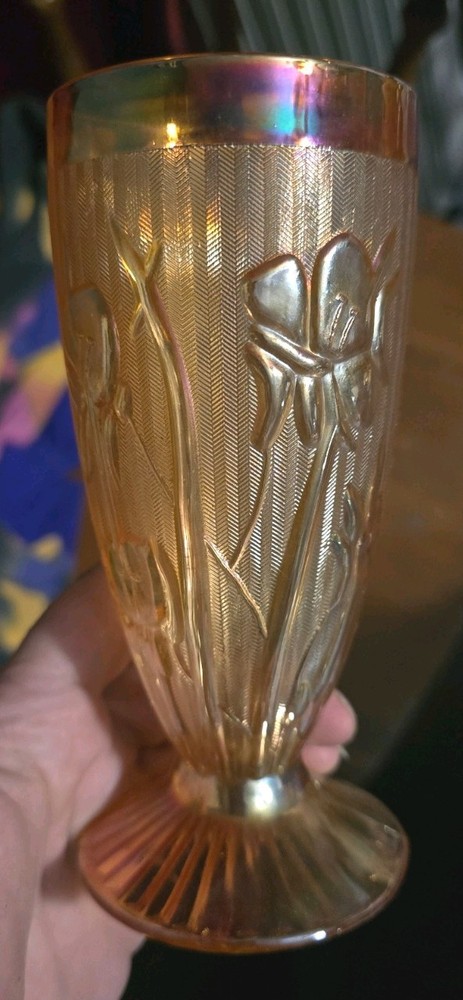 Vintage Jeanette Iris Iridescent Herringbone Amber Carnival Footed Glass Goblet