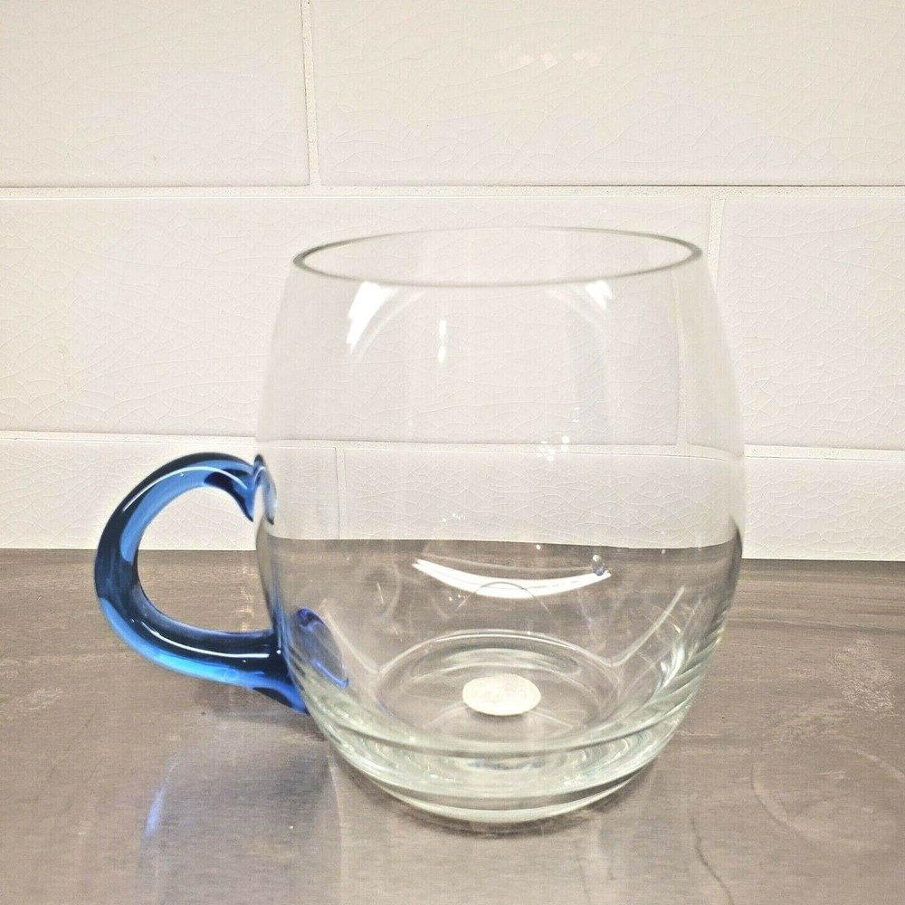 Delicate Glass Mug Blue Handle Made in Romania Vintage Roumania Sticker 4″ tall