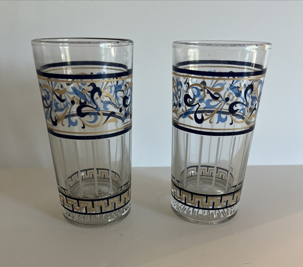 Cerve Italy Highball Glasses Set of 2 Vtg MCM Floral Greek Key – EUC Blue Gold
