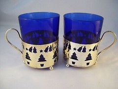 Reims Glass Cobalt Blue Glasses in Silver Plate Christmas Cup Holders France Vtg