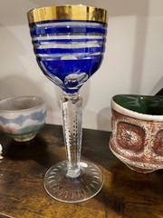 Moser Bohemian 8in Goblets crystal Cobalt Blue Cut to Clear with Gold Trim
