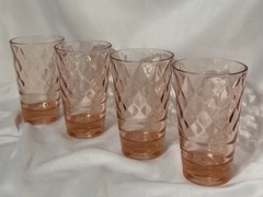 (4) 9oz Flat Tumblers by Jeanette Glass Chantilly Pink Diamond Optic Saturn Base