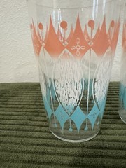 Anchor Hocking Atomic Glass Juice Tumbler Pink Turquoise Starburst MCM 3.75”