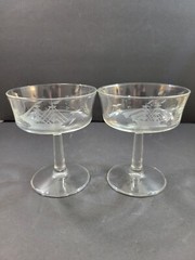 Set of 2 Clipper Ship Etched Cut Glass Cocktail Tall Sherbet Glasses 5″