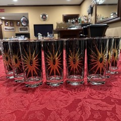 Pristine Fred Press Eclipse Atomic 24K Gold Sunburst 6.25” Highball Set/8 Signed