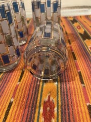 Vintage Libbey Drinking Glasses. Blue, Green and White Tile / Gold Trim. 4 5/8”