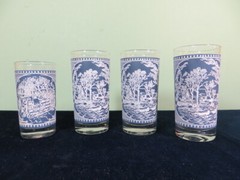 Set of Royal Currier Ives Blue White (3) 5 5/8″ Tumblers (1) 4 3/4″ Juice Glass