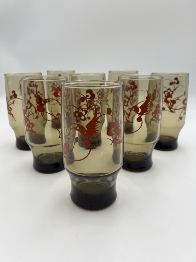 Vintage Mid Century Asian-Inspired Smoky Glasses With Red Birds