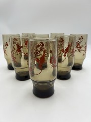 Vintage Mid Century Asian-Inspired Smoky Glasses With Red Birds