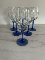Set Of 6 Crystal Blue Water Wine Goblet Gold Trim Drape Optic 8 1/8” Vintage