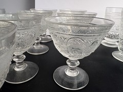 Antique Duncan Scroll Stippled EAPG Glass 13 Pc Goblet Sherbet Set c1880