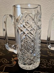 2 Large 7″ Bohemian Crystal Cut Clear Glass Mug Pair Vase Handles 1.75 Lbs Each!